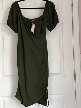 Olive Green Puff-Sleeve Wrap Dress